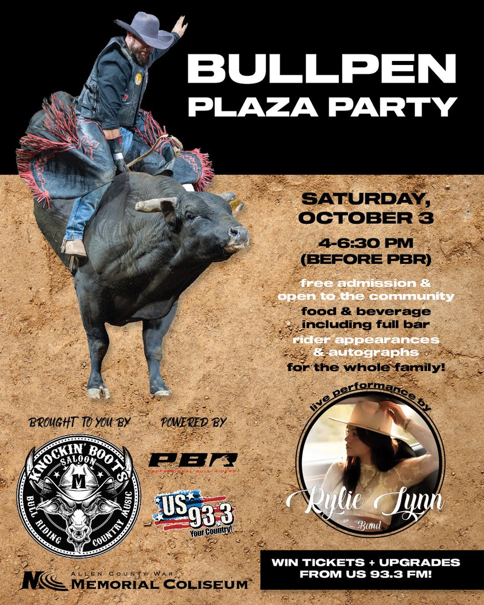 acwmc's tweet photo. Prepare for the ultimate pre-show experience! Come early for the Bullpen Plaza Party this Saturday, October 3 at 4-6:30pm before @PBR.

Featuring country artist Rylie Lynn, food &amp; drinks, PBR rider appearances &amp; autographs, mechanical bull, and more!

🔗 https://t.co/XJ8or4zyrs https://t.co/09dWAbLaty