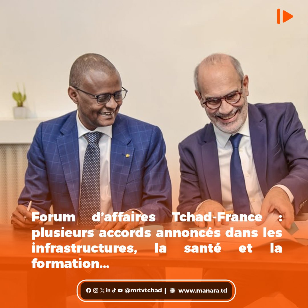 mrtvtchad's tweet photo. 𝗙𝗢𝗥𝗨𝗠 𝗗'𝗔𝗙𝗙𝗔𝗜𝗥𝗘𝗦 𝗧𝗖𝗛𝗔𝗗-𝗙𝗥𝗔𝗡𝗖𝗘 | Plusieurs accords et projets de partenariat ont été annoncés à Paris dans les secteurs des infrastructures, de la santé animale, de la recherche, de la santé et de la formation, en marge de cette rencontre. #mrtv #mrtvtchad #Tchad