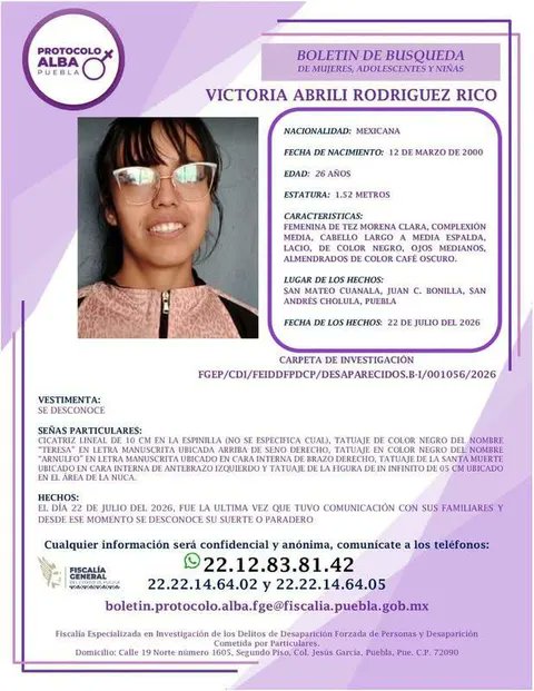 Trafico_Puebla's tweet photo. 🔎Buscan a Victoria Abril Rodríguez Rico, de 26 años, quien se encuentra desaparecida desde el 22 de julio de 2026.

📍 Mide 1.52 m, es de tez morena clara, complexión media, cabello largo y lacio y ojos café oscuro. Entre sus señas particulares están una cicatriz en la espinilla y tatuajes en la nuca.

🙏 Cualquier información puede ser importante para ayudar a localizarla. 
#Puebla #Noticias #Entérate