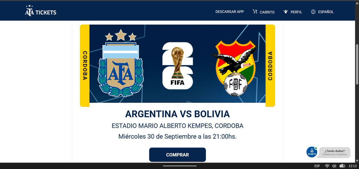 breyko14's tweet photo. Gente en AFA TICKETS (segundo robo de Tapia)  SOLAMENTE ESTÁN VENDIENDO ENTRADAS PARA EL PARTIDO CONTRA BOLIVIA EN *CORDOBA* (no va a estar Messi) 

Cualquier cosa tiramos info

Deportick sigue sin sistema y el Chiqui contando dólares con los negocios de las reventas https://t.co/2srxDN8H1C