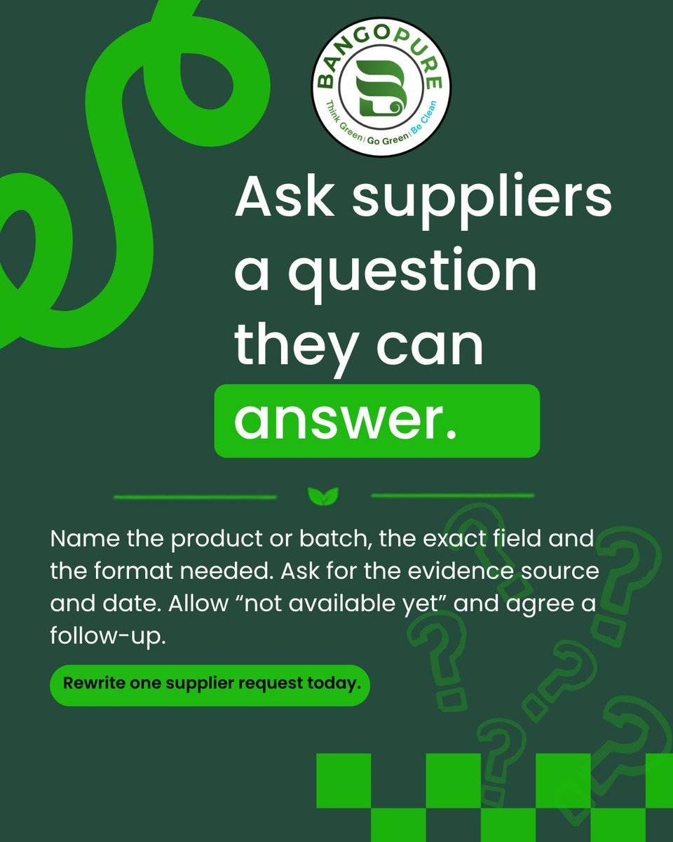 bangopure's tweet photo. Rewrite one supplier request today. A clearer request can make the next supplier conversation more useful. Product reference first, specific question second, evidence request third. Which field creates the most back-and-forth in your business? #BangoPure #CircularEconomy #Product https://t.co/39YCipA75b