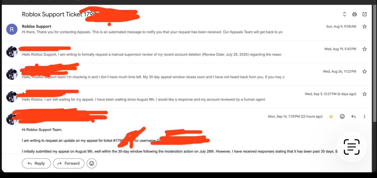 pandasugarbites's tweet photo. @lovetoignore @Roblox They did this to me too I sent an appeal on August 9th through their support and I sent one in the app just for it to get denied 2 months later and my email one hasn’t been responded to https://t.co/hRjL2zP0Sg