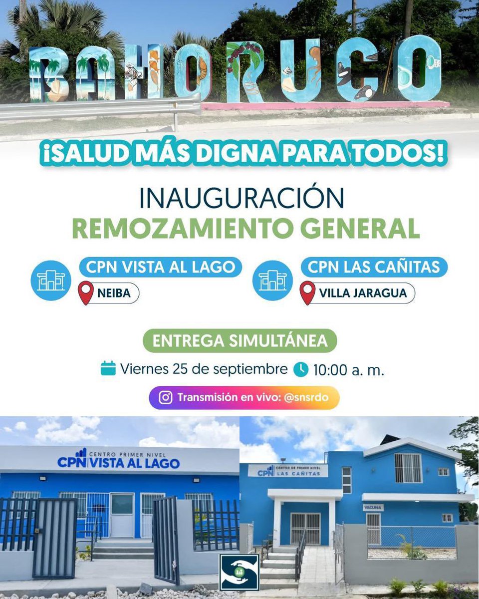 Hospitaljima's tweet photo. ✅ ¡Bahoruco fortalece su Atención Primaria con dos nuevos espacios para cuidar a su gente!

Este viernes serán inaugurados simultáneamente los renovados Centros de Primer Nivel Vista al Lago, en Neiba, y Las Cañitas, en Villa Jaragua, con espacios más amplios y funcionales . https://t.co/F6JqjoOEui