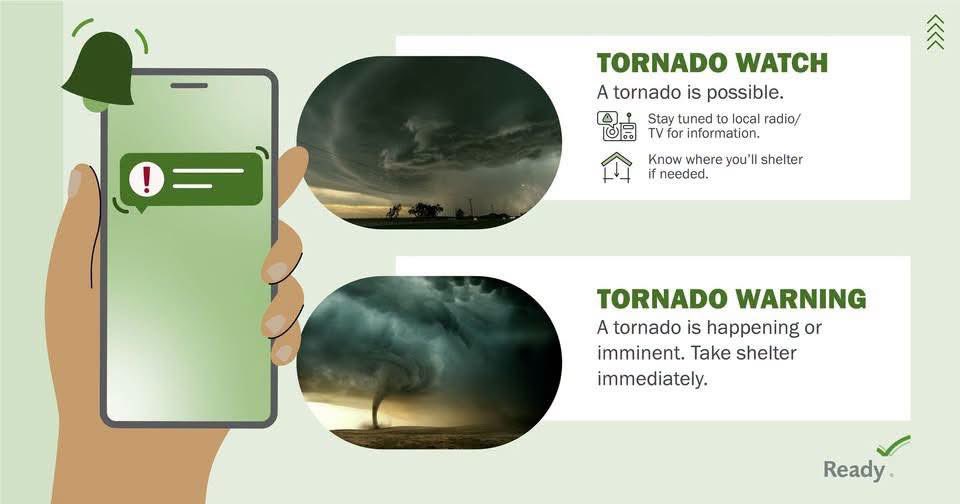 SanPatCountyOEM's tweet photo. 🌪️ September is National Preparedness Month￼ 

Knowing the difference between a tornado watch and a warning can save lives. Share this info!

📲Watch = Be ready 
🚨Warning = Take action now

Stay away from windows and shelter in an interior room. https://t.co/ebKG7gwLav