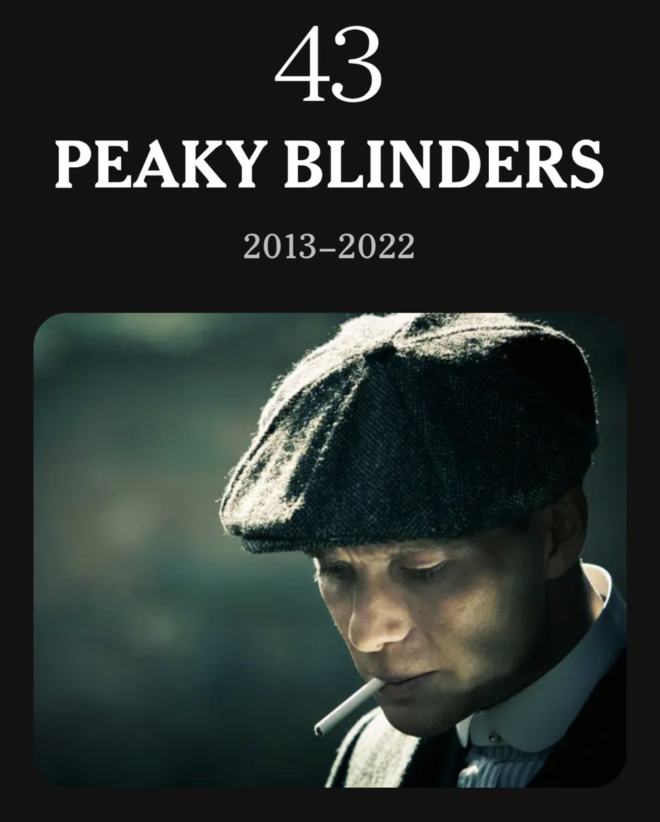 gofckapineapple's tweet photo. Peaky blinders at n°43 on the New York Times list of the Best 100 TV shows of the 21st century.

“An operatic gangster epic set in the bloody milieu of Birmingham, England’s criminal underground after the First World War, “Peaky” had style to spare, from its anachronistic blues-punk soundtrack to its hoodlum-dandy wardrobe. (Beware those nifty little newsboy caps; there be razor blades in the brim.) But Steven Knight’s long-running Netflix drama was also a canny exploration of fraught family dynamics and post-war trauma, anchored by the arresting performance of Cillian Murphy as the Peaky kingpin Thomas Shelby, a man with a crack in his soul.”
