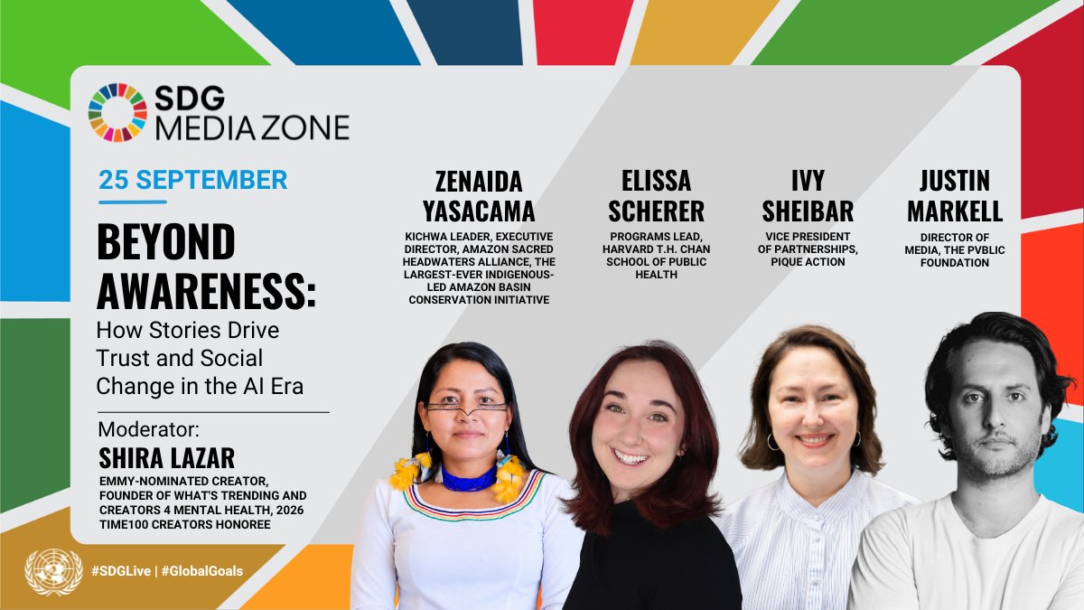 GlobalGoalsUN's tweet photo. In an AI-driven media landscape, meaningful communication is not just about reach—it is about trust, culture and action. Creators and advocates explore how storytelling can engage communities and drive social change.
#SDGLive from 12:30 PM EDT:  https://t.co/VCwnqF7FvW https://t.co/Ra49ii6efD