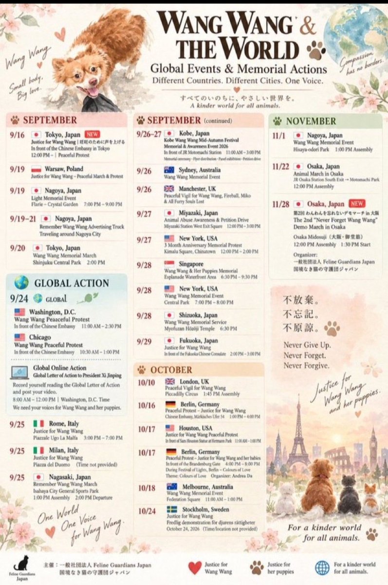 Castalia68's tweet photo. WANGWANG  FAMILY * CALENDARIO degli EVENTI nel MONDO, fino al 28 NOVEMBRE * in MEMORIA, e per una LEGISLAZIONE a TUTELA degli ANIMALI in CHINA #JusticeForWangwang #MaleficentLady @PhaedraXTeddy @felineguardians  #StopAnimalAbuse https://t.co/6zZRkERNNX