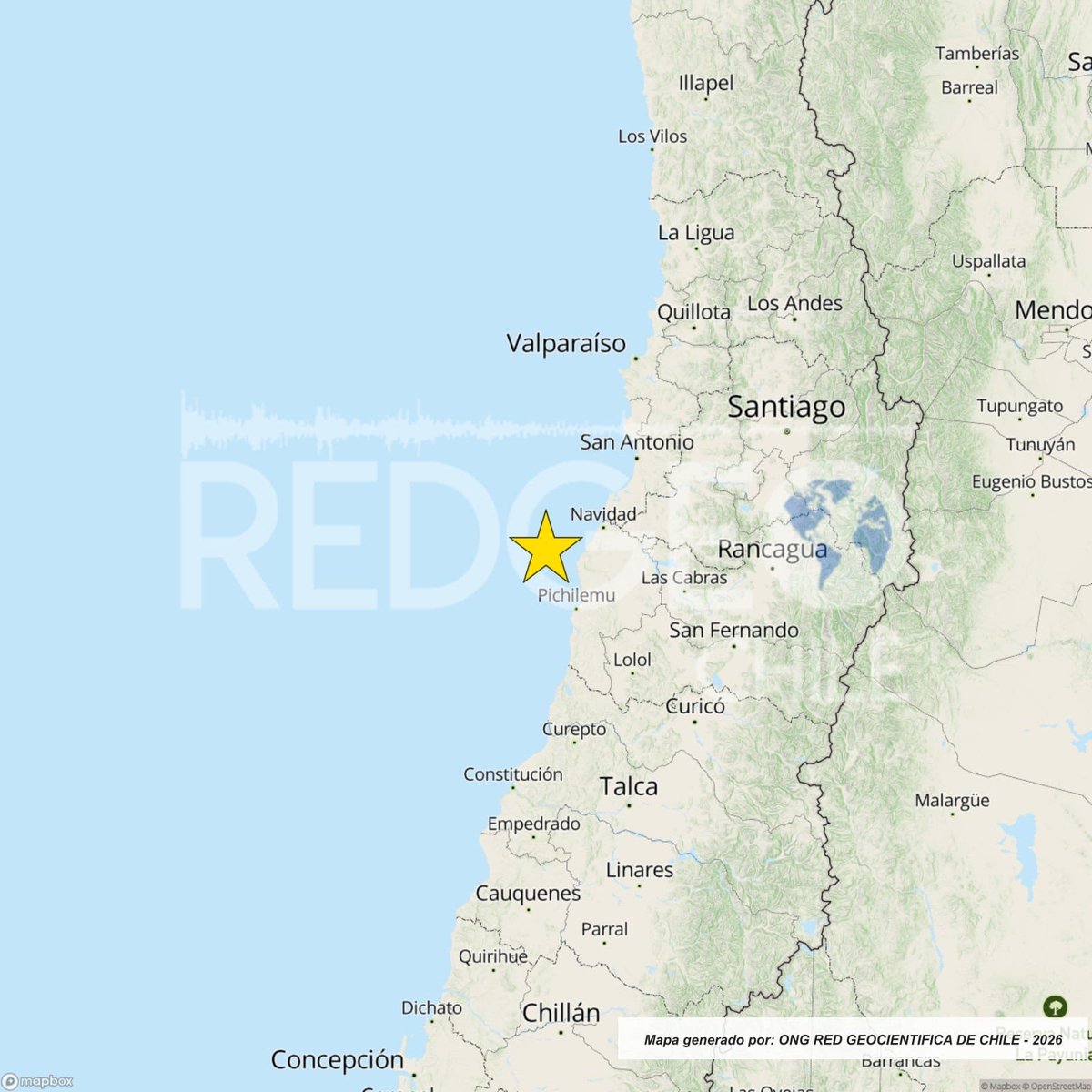 RedGeoChile's tweet photo. PRELIMINAR ⚠️ | Un sismo de magnitud 5.3 (Mlv) ocurrió a las 12:29:07 horas de hoy, viernes 25 de septiembre de 2026, a 36 km al oeste de #Navidad (región de O’Higgins), con una profundidad de 25 kilómetros (Fuente: #CSN).

🚩 Lista de intensidades en la escala de Mercalli Modificada.

Navidad: V*
Pupuya: IV*
La Estrella: III*
Licantén: III*
Puente Alto: III*
Las Condes: III*
Viña del Mar: III*
Valparaíso: III*
La Florida: III*
Talca: III*
Curicó: III*
Chillán: III*
Villa Alegre: III*
Huechuraba: III*
Ñuñoa: III*
Santiago: III*
Teno: III*
Concepción: III*
Rancagua: II*
Rengo: II*
Doñihue: II*
Curacaví: II*
San Bernardo: II*
Quilicura: II*
Talcahuano: II*
Lo Aguirre: II*
San Vicente de Tagua Tagua: II*
Macul: II*
Peñalolén: II*
Quilpué: II*
Illapel: II*

Fuente: (*) Red de Informantes Mercalli de RedGeoChile.