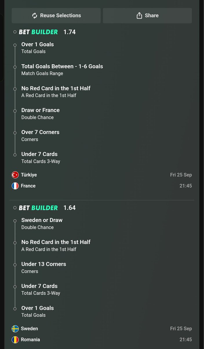 EliteProTips's tweet photo. ⚽ TONIGHT’S INTERNATIONAL BET BUILDERS ARE LOCKED IN! 13.17 ODDS 🔥  

- Türkiye vs France → Over 1 Goal + Goals 1-6 + No 1H Red + Draw/France + Over 7 Corners + Under 7 Cards

- Sweden vs Romania → Sweden/Draw + No 1H Red + Under 13 Corners + Under 7 Cards + Over 1 Goal

- Italy vs Belgium → Goals 1-5 + Under 14 Corners + No Red + Under 6 Cards

- Hungary vs Ukraine → Goals 1-5 + Under 7 Cards + No 1H Red + Under 14 Corners + Hungary/Draw

- Georgia vs Northern Ireland → No BTTS 1H + Under 13 Corners + Under 7 Cards + No 1H Red + Goals 1-6  

International night is stacked! 👀  
Bet Link: https://t.co/PgYpgjLvUz