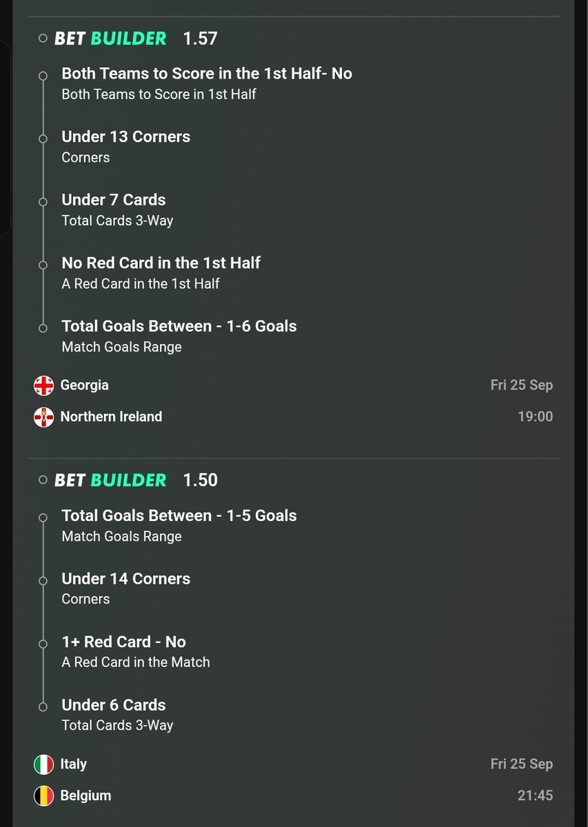 EliteProTips's tweet photo. ⚽ TONIGHT’S INTERNATIONAL BET BUILDERS ARE LOCKED IN! 13.17 ODDS 🔥  

- Türkiye vs France → Over 1 Goal + Goals 1-6 + No 1H Red + Draw/France + Over 7 Corners + Under 7 Cards

- Sweden vs Romania → Sweden/Draw + No 1H Red + Under 13 Corners + Under 7 Cards + Over 1 Goal

- Italy vs Belgium → Goals 1-5 + Under 14 Corners + No Red + Under 6 Cards

- Hungary vs Ukraine → Goals 1-5 + Under 7 Cards + No 1H Red + Under 14 Corners + Hungary/Draw

- Georgia vs Northern Ireland → No BTTS 1H + Under 13 Corners + Under 7 Cards + No 1H Red + Goals 1-6  

International night is stacked! 👀  
Bet Link: https://t.co/PgYpgjLvUz