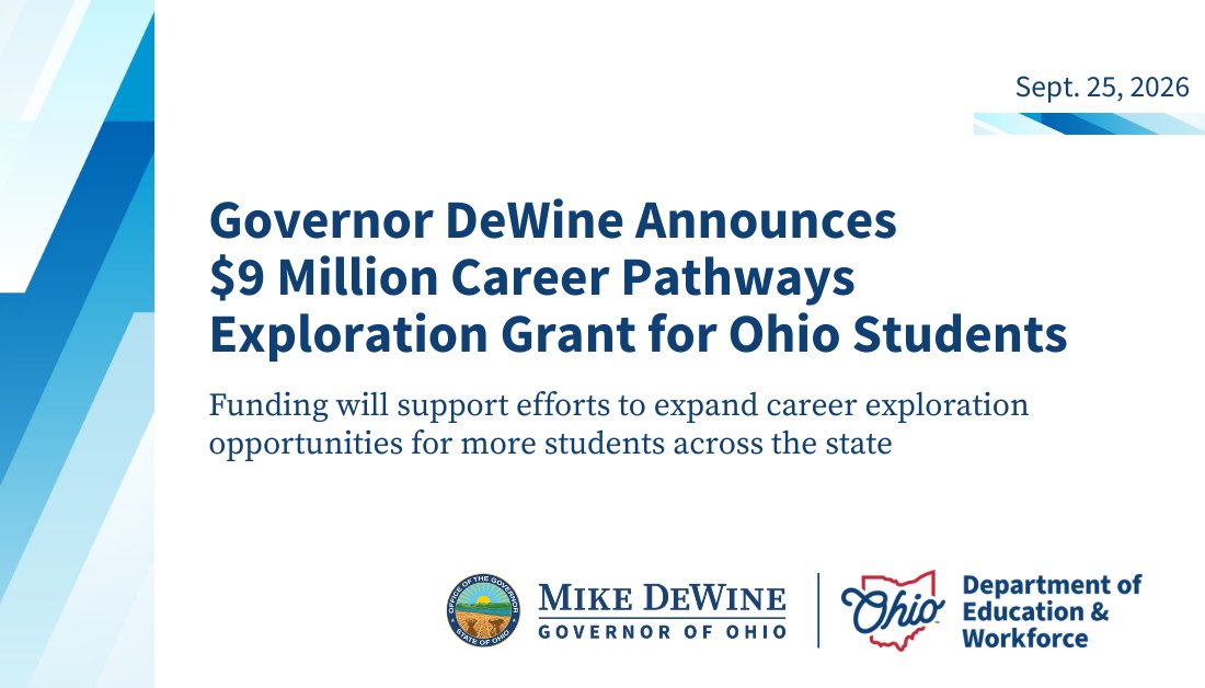 GovMikeDeWine's tweet photo. Ohio has been awarded a $9 million grant through the federal Career Pathways Exploration program. These funds will expand career exploration opportunities for more students across Ohio!

We want our students to understand their strengths, explore different career options, and find a pathway that will help them reach their full potential.

https://t.co/jDA2e6j1aO