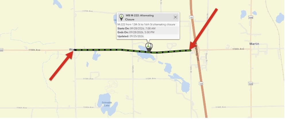 MDOT_West's tweet photo. Martin- See map below. 
Lane closures for road work are scheduled for this Monday from 7 a.m. to 5 p.m. on M-222 (116th Avenue) west of US-131 between 12th and 16th streets. 
MiDrive- https://t.co/FNWtaIxfVp https://t.co/gVhaNIawqM