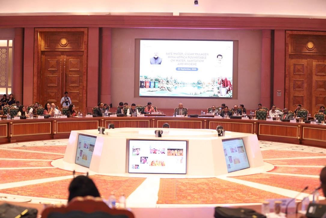 MEAIndia's tweet photo. The 9th India International Water Week featured an impactful Roundtable with Ambassadors of African Countries in New Delhi, strengthening partnerships to accelerate implementation of SDG 6 and advance an inclusive, climate resilient water security aligned with Africa’s development and climate priorities.

India stands ready to work together with African countries as the African Union advances its Year 2026 theme on “Assuring Sustainable Water Availability and Safe Sanitation Systems to Achieve the Goals of Agenda 2063”.

#IndiaAfricaPartnership 
#WaterSecurity 
#GlobalSouth