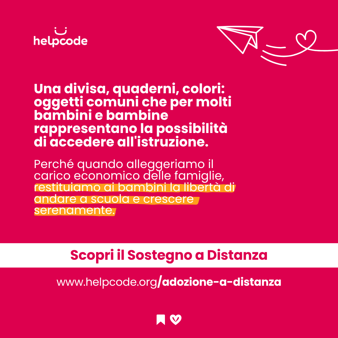 helpcodeitalia's tweet photo. Il costo del materiale scolastico è spesso una delle prime barriere che porta bambini e bambine a dover abbandonare la scuola.

Con il Sostegno a Distanza garantiamo libri, kit e continuità negli studi 🎒

👇
https://t.co/ZaMyd5vi4b https://t.co/TaXpXbisgc