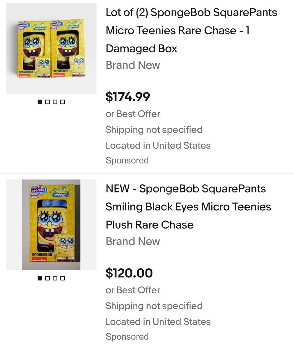spongeopinions's tweet photo. "this spongebob plush from the micro teenies line is cute but resellers have made it way too fucking expensive secondhand. i have attached some particularly atrocious listings i have seen. mind you this plush is like hand sized and i think the whole sets from this line are like+ https://t.co/m3xNBggz3D