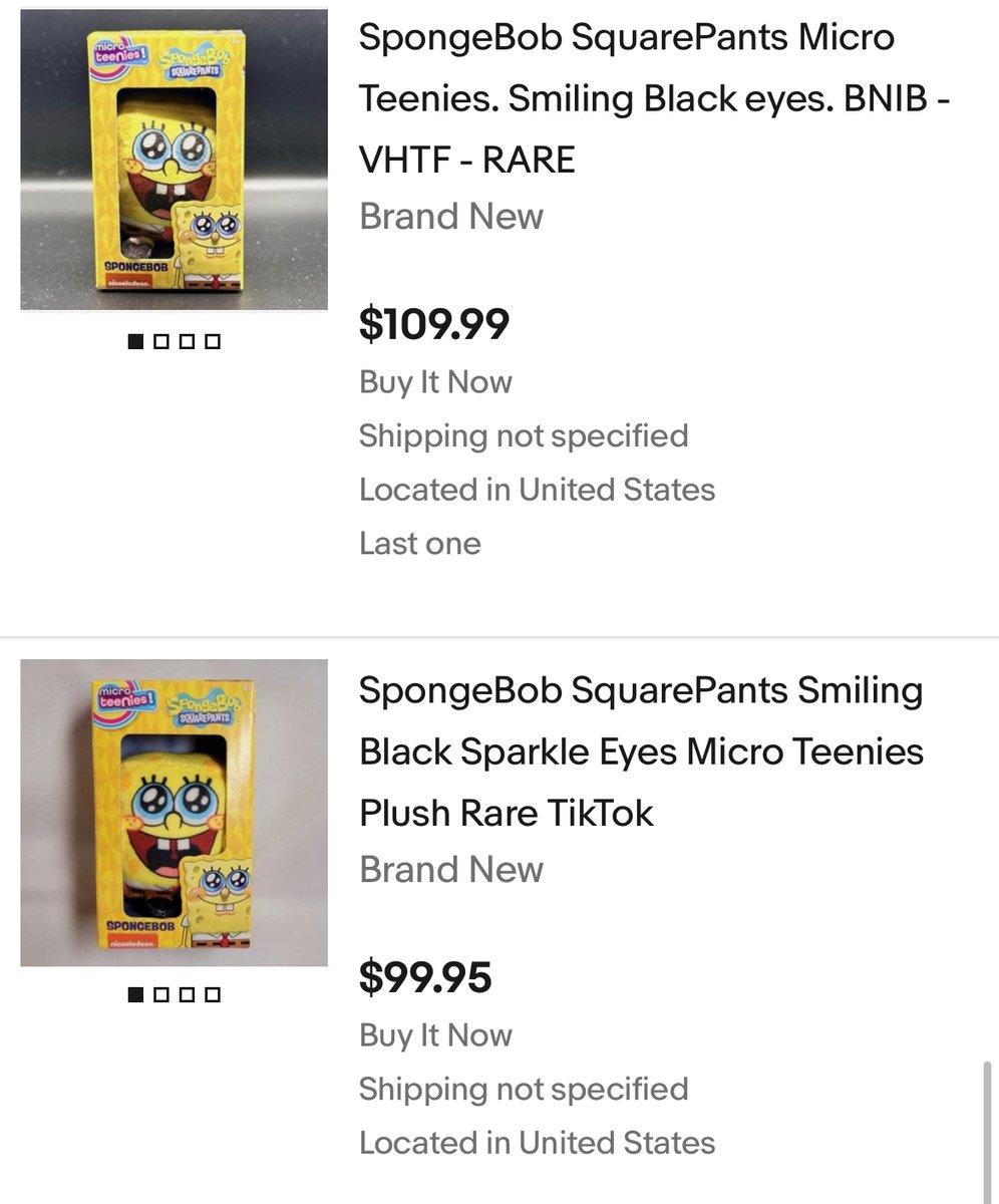 spongeopinions's tweet photo. "this spongebob plush from the micro teenies line is cute but resellers have made it way too fucking expensive secondhand. i have attached some particularly atrocious listings i have seen. mind you this plush is like hand sized and i think the whole sets from this line are like+ https://t.co/m3xNBggz3D