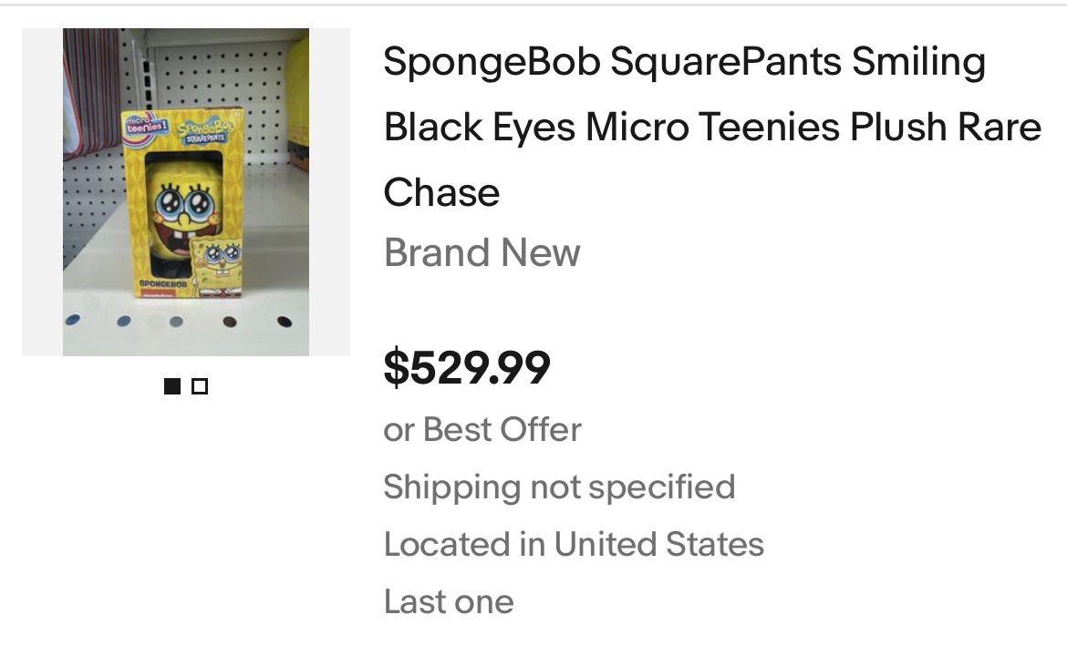 spongeopinions's tweet photo. "this spongebob plush from the micro teenies line is cute but resellers have made it way too fucking expensive secondhand. i have attached some particularly atrocious listings i have seen. mind you this plush is like hand sized and i think the whole sets from this line are like+ https://t.co/m3xNBggz3D