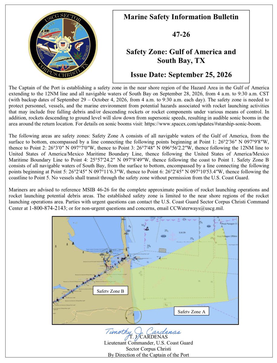 VisitBocaChica's tweet photo. New Marine Safety Information Bulletin (MSIB)/ Notice to Mariners (NOTMAR) issued for possible #Starship #Flight13 launch on 28 Sep 2026 from 4:00 a.m.-9:30 a.m.  https://t.co/Cj017qE0sg 🚀  #BocaChica #Starbase #MSIB #HazardArea #SafetyZone https://t.co/Cj2Gg5ycCq