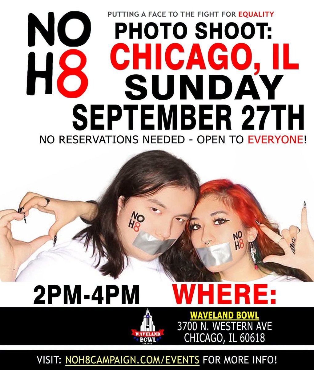 NOH8Campaign's tweet photo. 📣 Spread the word! NOH8 photo shoot SUNDAY (9/27) in Chicago, IL: https://t.co/wkgkqJCj1v https://t.co/WpvS8TwF3r