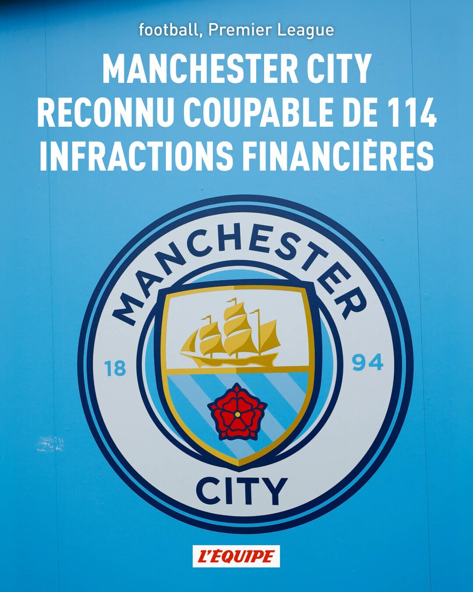 lequipe's tweet photo. Manchester City reconnu coupable de 114 infractions financières aux règles de régulation de la Premier League ➡️ https://t.co/WnPeo0RTcw

Selon « The Athletic », Manchester City a été reconnu coupable de presque toutes les charges concernant des infractions aux règles de régulation de la Premier League. Les sanctions ne sont pas encore tombées.