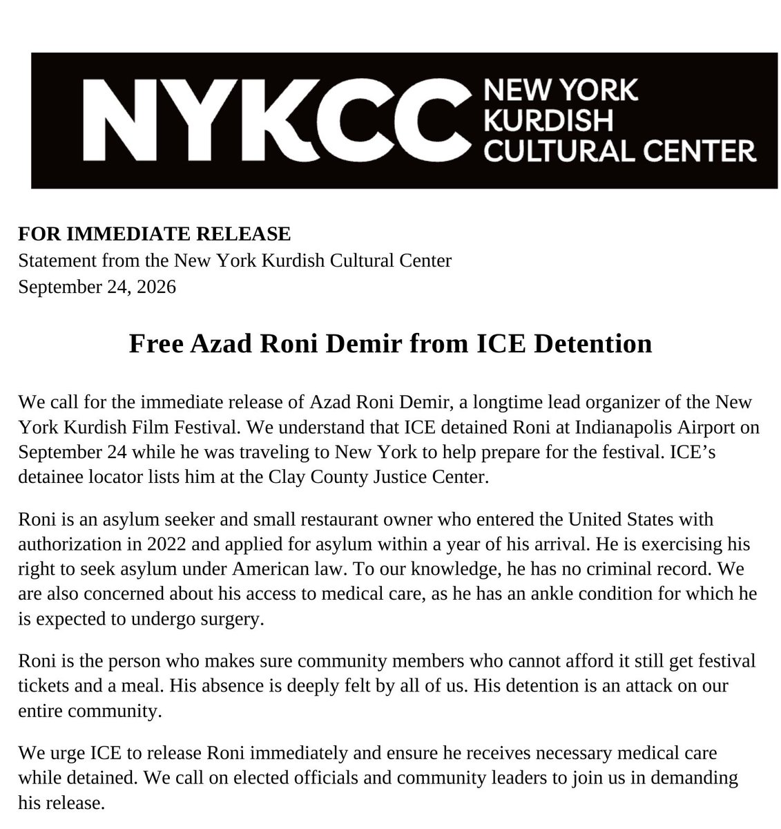 FilmKurdish's tweet photo. We call for the immediate release of Azad Roni Demir, a longtime lead organizer of the New York Kurdish Film Festival. #RoniAzad #ICE #FreeAzadRoni https://t.co/8MKC6rDoc4