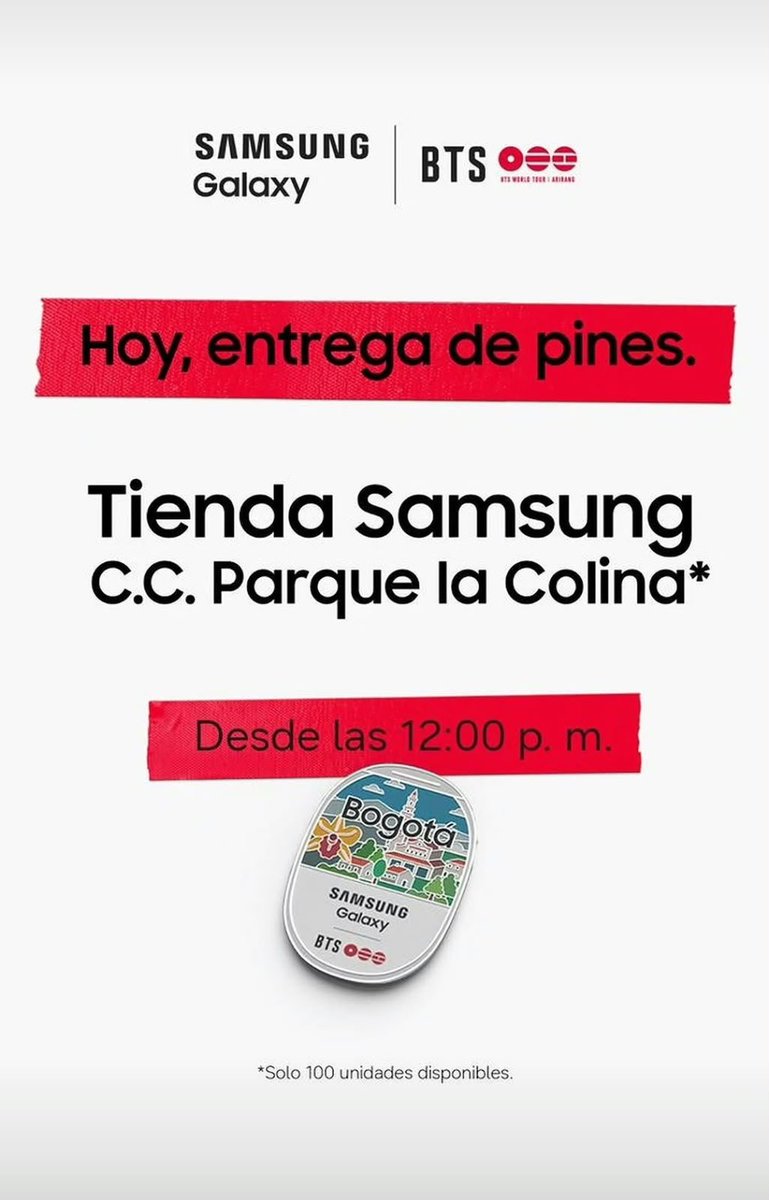 btsarmycol_'s tweet photo. ARMY, atentos a las actualizaciones 💜✨

Las activaciones para participar por los pines de BTS ARIRANG by Galaxy se estarán anunciando día a día con su respectivo punto y horario.

Por eso, antes de dirigirse a alguna de las tiendas, revisen siempre las historias oficiales de @samsungcolombia, donde encontrarán la información actualizada de cada activación.

Hoy, 25 de septiembre, nos vemos en Samsung Parque La Colina, Bogotá, desde las 12:00 m. y hasta agotar existencias. 💜

Manténganse pendientes de @samsungcolombia para conocer las próximas fechas, puntos y horarios.