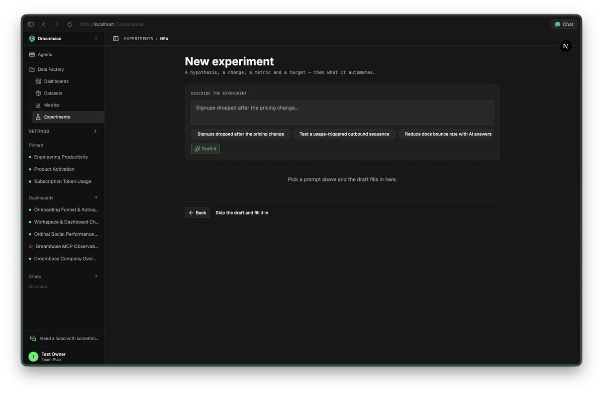 dreambase_jc's tweet photo. I hate AI vomit every morning telling me a story about what's working at my company. So I made a single place to view experiments, backed by Dreambase datasets and metrics, with actions built in to trigger anything from a slack message to spawning an agent to do follow on work. https://t.co/UalfmxrkA2