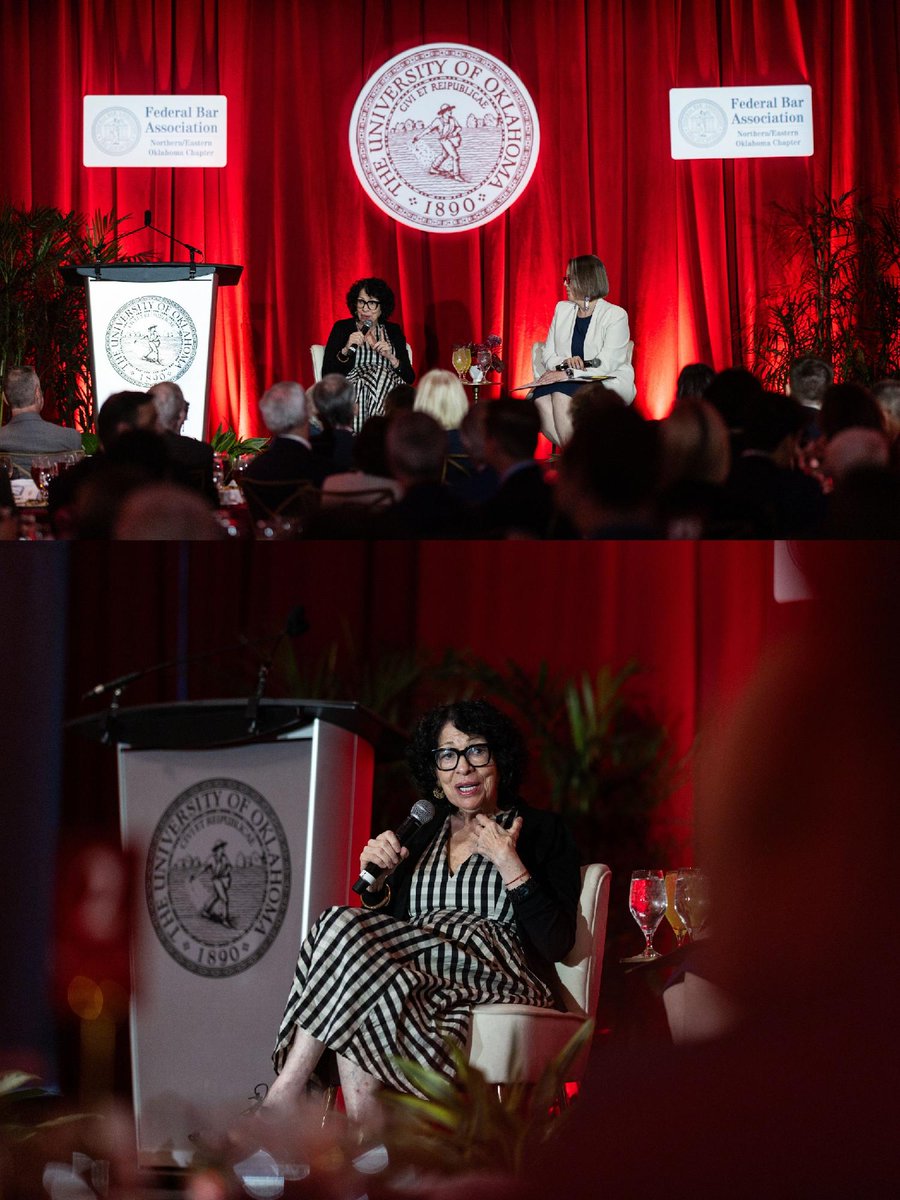 UofOklahoma's tweet photo. The University of Oklahoma was honored to welcome U.S. Supreme Court Justice Sonia Sotomayor to OU-Tulsa for the second annual Honorable Stephanie K. Seymour Lecture.

Hosted in conjunction with the Northern/Eastern Oklahoma Chapter of the Federal Bar Association, the evening featured a fireside chat between Justice Sotomayor and U.S. District Judge Sara E. Hill. 

We’re grateful for the opportunity to bring members of the legal community together at OU for deeply engaging conversations that strengthen our understanding of the rule of law, civic engagement and the role each of us plays in our society.