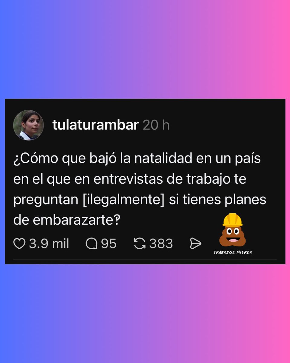 TrabajosMierda's tweet photo. Hasta piden pruebas de embarazo, o si ya eres mamá no te contratan porque vas a necesitar permisos para cuidar a la criatura porque obviamente sólo las mujeres se encargan de la progenie… https://t.co/niaJxBJA5Q