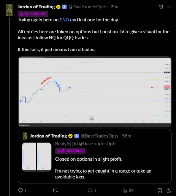 DaveTradesOpts's tweet photo. Took a nice short on $QQQ while following $NQ with Vector and shared it with the sub fam when I entered.

BE'd on the 1st attempt and nailed the 2nd one.

Some people are obsessed with top ticking, I am obsessed with realized PnL by all means.

EVERYDAY is a Trading Day! https://t.co/RNMhsiM53z