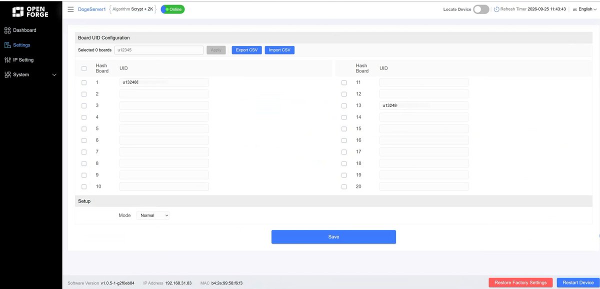open_forge's tweet photo. 6/ Activate your computing cards

In the DogeServer interface:

→ Open Settings
→ Select your cards
→ Enter your User ID with the “u” prefix
→ Click Apply
→ Click Save

Once saved, the selected cards will begin working under your account. https://t.co/4W4LinXj7A