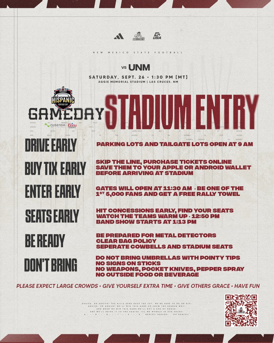 NMStateAggies's tweet photo. 𝐑𝐄𝐀𝐃𝐘 𝐅𝐎𝐑 𝐆𝐀𝐌𝐄𝐃𝐀𝐘??!

Give yourself extra time, get in early and give others a little grace 🏈

🎟️ https://t.co/RmDpj5gBBd

Let's have a great Rio Grande Rivalry 🤠

#AggieUp https://t.co/UZbo38ydoN