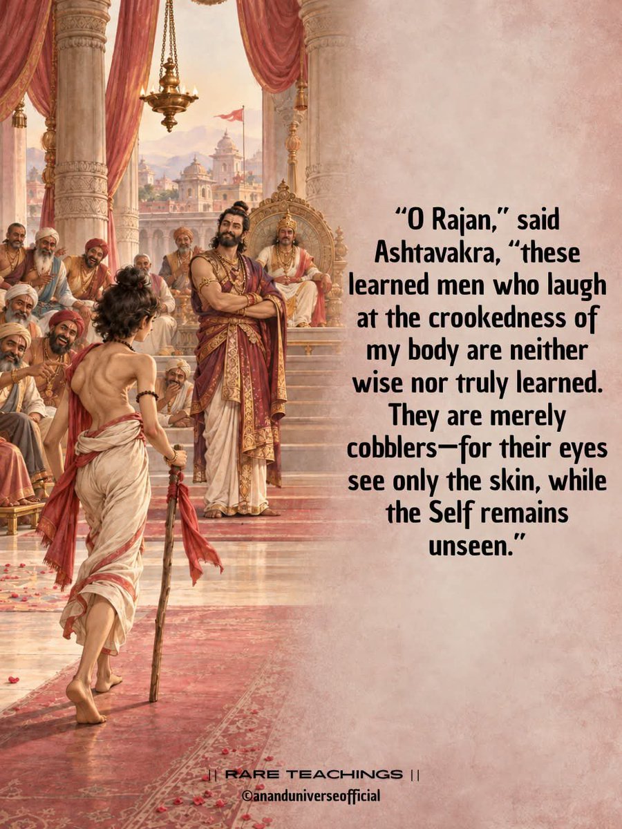 BaapofOption's tweet photo. THEY LAUGHED AT HIS BODY—THEN ASHTAVAKRA EXPOSED THEIR WISDOM

They called themselves learned men. They knew scriptures, arguments, philosophy, and sacred words. Yet the moment Ashtavakra entered King Janaka’s court, they saw his crooked body and laughed.

And in that single moment, their learning was exposed.

Ashtavakra called them cobblers—not merely to insult them, but to reveal the poverty of their perception. A cobbler examines leather; these scholars, despite all their knowledge, had looked no deeper than skin. They could recognize the shape of a body, but not the intelligence dwelling beyond appearance.

This is the disturbing difference between knowledge and wisdom. Knowledge can fill the mind while leaving perception untouched. One may know a thousand scriptures and still judge another human being by the body, clothing, status, beauty, age, or reputation.

The crookedness was visible in Ashtavakra’s body. But the deeper crookedness was hidden in the eyes of those who mocked him.

The ancient story survives in several retellings with essentially this same teaching: the court laughs at Ashtavakra’s physical form, and he compares the scholars to cobblers because they perceive only the skin rather than what lies within. 

Source: Inspired by the traditional story of Ashtavakra in King Janaka’s court and the teaching of inner vision associated with Ashtavakra. The wording in the image is a modern retelling rather than a direct verse from the Ashtavakra Gita.