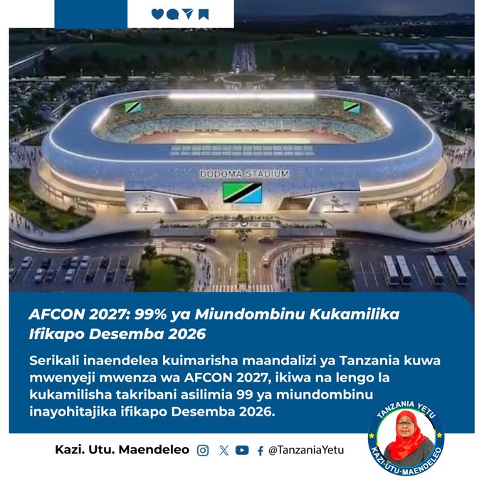 Samia_Did's tweet photo. Maandalizi ya AFCON 2027 kukamilika mwezi Desemba. https://t.co/IgYC4WLGay