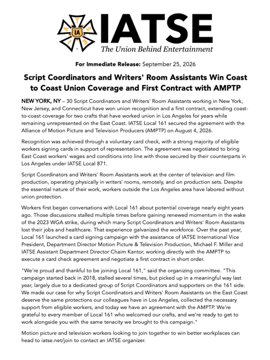 IATSE's tweet photo. A huge win for Script Coordinators and Writers’ Room Assistants! Workers in New York, New Jersey, and Connecticut have won union recognition and a first contract with the AMPTP through IATSE Local 161.

These Coordinators and Assistants have been unrepresented on the East Coast for years while their Los Angeles counterparts worked union. That changes now. 30 workers have now won coverage, wages, and conditions in line with their West Coast peers.

Congratulations to the newest members of Local 161!