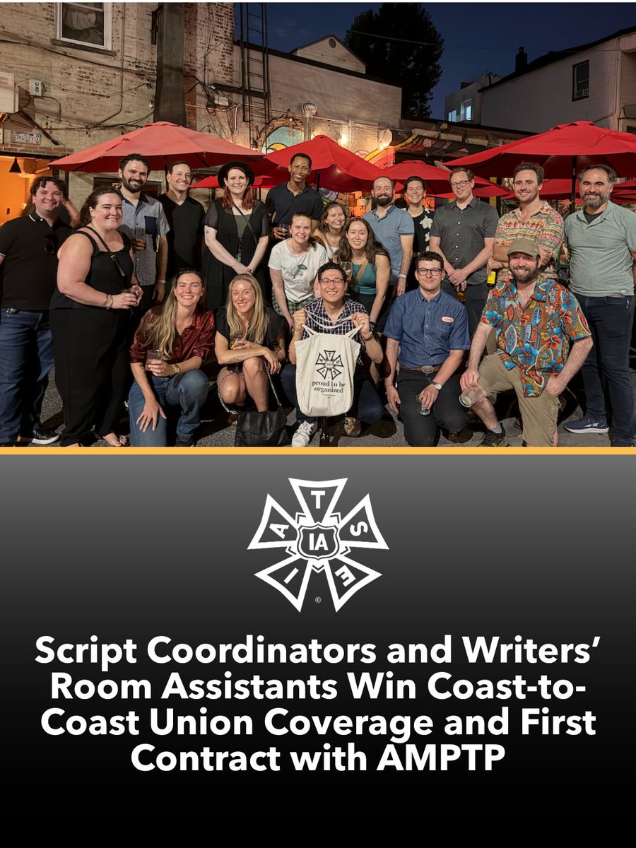 IATSE's tweet photo. A huge win for Script Coordinators and Writers’ Room Assistants! Workers in New York, New Jersey, and Connecticut have won union recognition and a first contract with the AMPTP through IATSE Local 161.

These Coordinators and Assistants have been unrepresented on the East Coast for years while their Los Angeles counterparts worked union. That changes now. 30 workers have now won coverage, wages, and conditions in line with their West Coast peers.

Congratulations to the newest members of Local 161!
