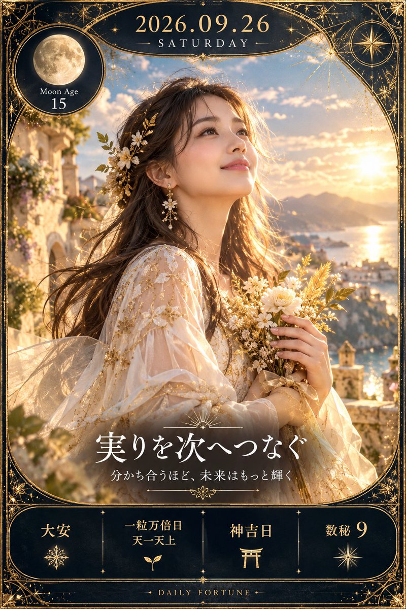 s_e_n_chan's tweet photo. 日付：2026年9月26日（土）
六曜：大安（たいあん）
選日：一粒万倍日（いちりゅうまんばいび）・天一天上（てんいちてんじょう）
暦注下段：神吉日（かみよしにち）
数秘：9
月齢：15

今日の流れ：
今日は「育ててきたものを、次の広がりへつなぐ」日。大安の安定感と一粒万倍日の増幅力が重なり、小さな一歩にも先へ育つ力が宿ります。天一天上は行動範囲を広げる意識、神吉日は誠実な願いや感謝を後押し。月齢15の満ちたエネルギーと数秘9の「完成・成熟」が響くため、ここまで積み上げた成果を認め、誰かへ届ける行動が新しい循環を生みそうです。

感情テーマ：
満ちたものを抱え込まず、喜びとして外へ循環させる。

伸びやすいこと：
発信、提案、人との交流に追い風。温めていた企画や作品を公開したり、感謝を言葉にしたりすると次の縁へつながりやすい日です。

注意点：
勢いがあるぶん予定を増やしすぎないこと。完成度をさらに上げようと粘るより、「今届けられる形」を見極めて。

ラッキーカラー：アンティークゴールド
ラッキーアイテム：小さなレターセット
ラッキーフード：栗と蜂蜜のヨーグルト
ラッキーワード：「実りを次へつなぐ」

開運アクション：
朝、今まで続けてきたことを一つ振り返り、その成果を誰かに伝える、共有する、贈るのどれかを実行してみて。小さな循環が次の展開への種になります。

今日のひとこと：
実った光は、分かち合うほど次の未来を照らす。