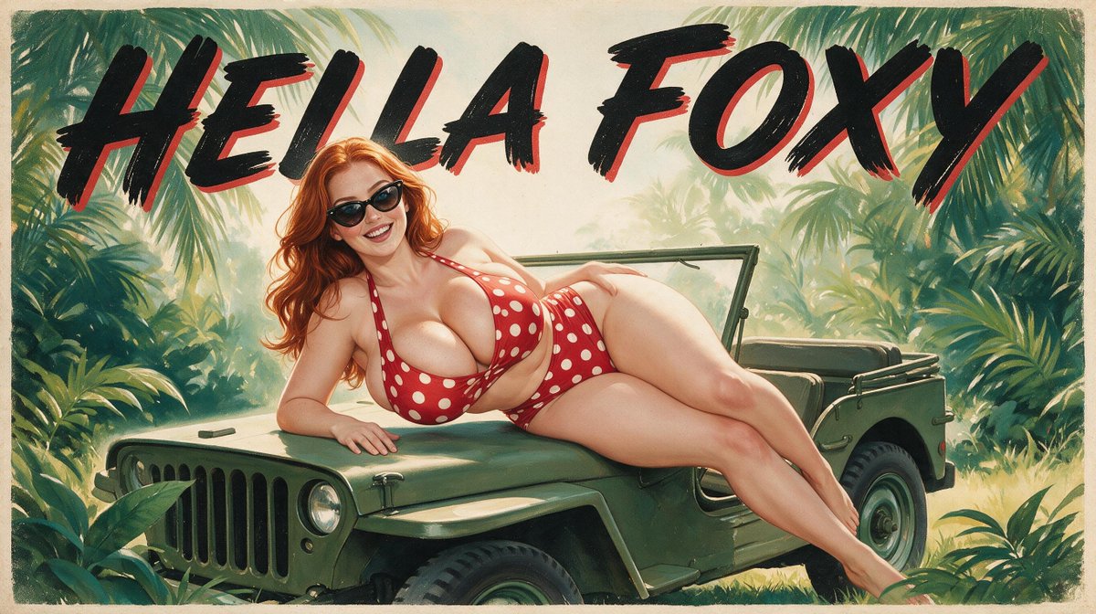 EmmaLustera's tweet photo. Polka dots, palm trees, and a whole lot of trouble.
#HellaFoxy #PinUp #VintagePinUp #Redhead #PolkaDotBikini #Jeep #TropicalVibes https://t.co/2NCc5st7Rg