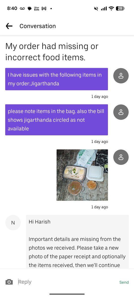 bharish94's tweet photo. @UberEats @Uber @Uber @UberEats  @Uber_Support 

This happened again and as usual customer service is deliberately providing some boilerplate message but doesn't act upon concern. Everything is provided with photo evidence, still no help. https://t.co/aRjGxDMODX