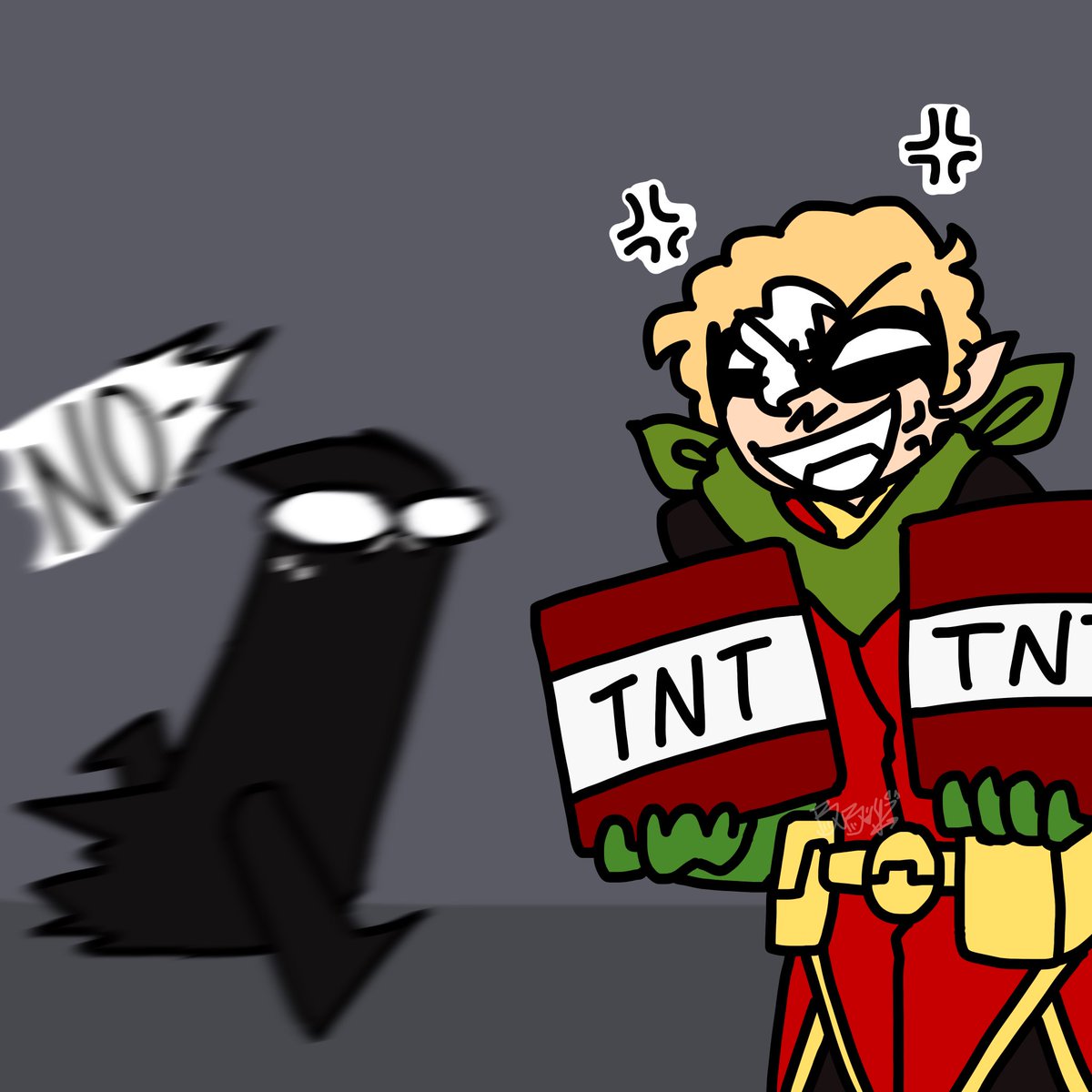 Bubvy_'s tweet photo. Even more of C!Tommy in Gotham with his cartoonish Minecraft abilities: TNT edition

Thank you to the Instagram comment that I yoinked this idea from

#tommyinnitfanart #batman  #batfam #batmanfanart https://t.co/ahcEwXtea9