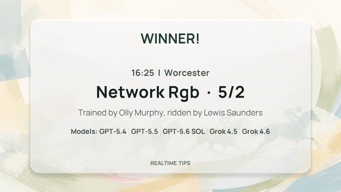 realtime_tips's tweet photo. #grok #horse_racing #tips #WINNER!
16:25 #Worcester @WorcesterRaces
Network Rgb (GB) 5/2
#Grok predicted this! @grok
#Olly_Murphy #Lewis_Saunders https://t.co/GeXGmc6e3J