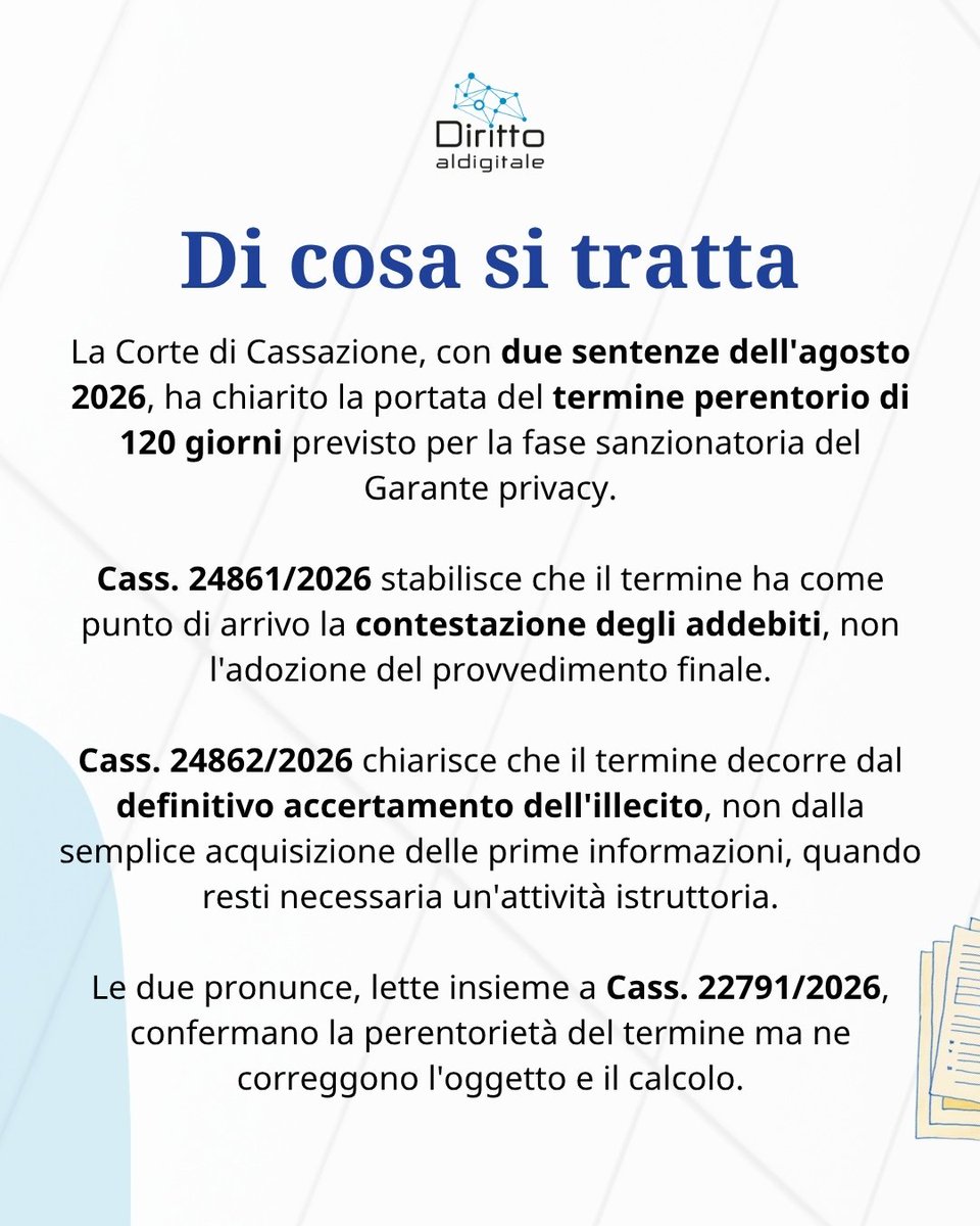 dirittodigitale's tweet photo. 🖱️ I termini del procedimento sanzionatorio del Garante dopo Cass. 24861 e 24862/2026

📌 Ne ha discusso Giulio Napolitano di DLA Piper nell'articolo pubblicato su Diritto al Digitale

#codiceprivacy #cassazione #garante #procedimento #dlapiper #proudtobedlapiper https://t.co/YNhftAgcX9