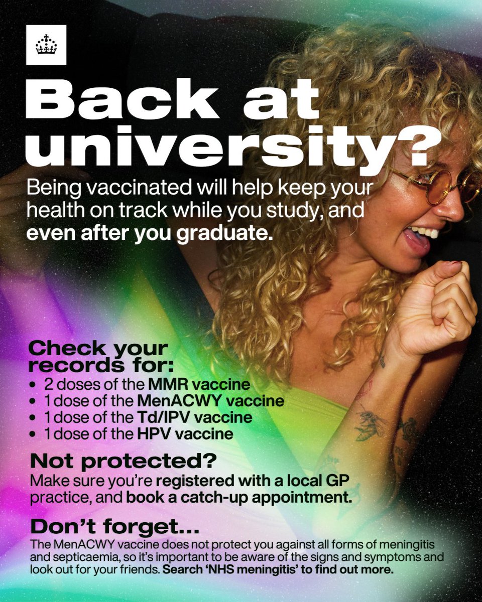 UKHSA_WestMids's tweet photo. #WestMidlands students going back to #university

Before #uni lectures, deadlines and social lives take over - make sure you're up to date with your #vaccinations including #MMR #MenACWY #HPV 

https://t.co/yKjH80egZT https://t.co/yqNdYzKni9