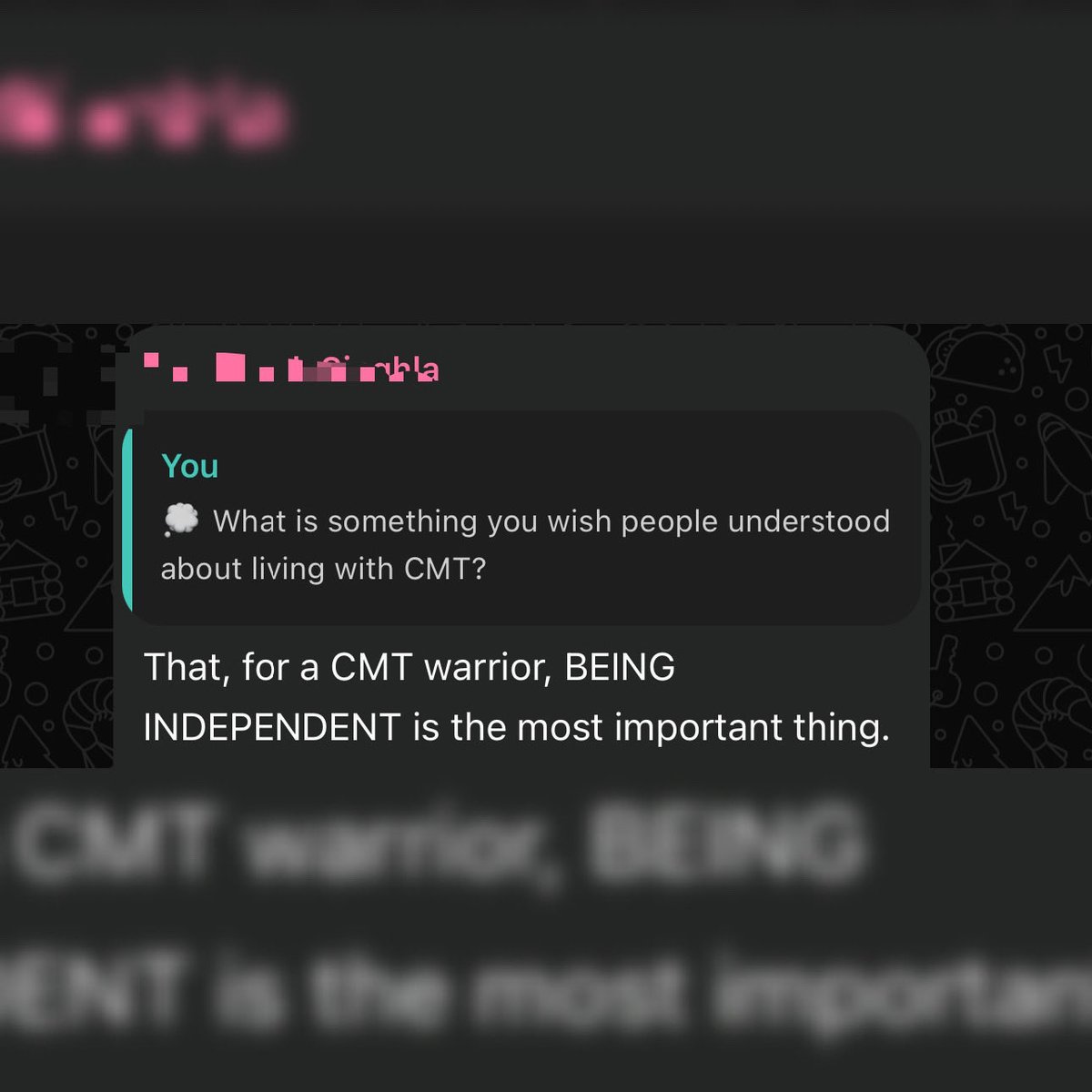 CMT_FoI's tweet photo. 💭 What is something you wish people understood about living with CMT?

#CMTAwareness #CharcotMarieTooth #CMTWarrior #CMTCommunity #RareDisease #InvisibleDisability #Awareness #Support #Research #Inclusion #Hope #CMTFOI #INDIA https://t.co/52Bx1162vV