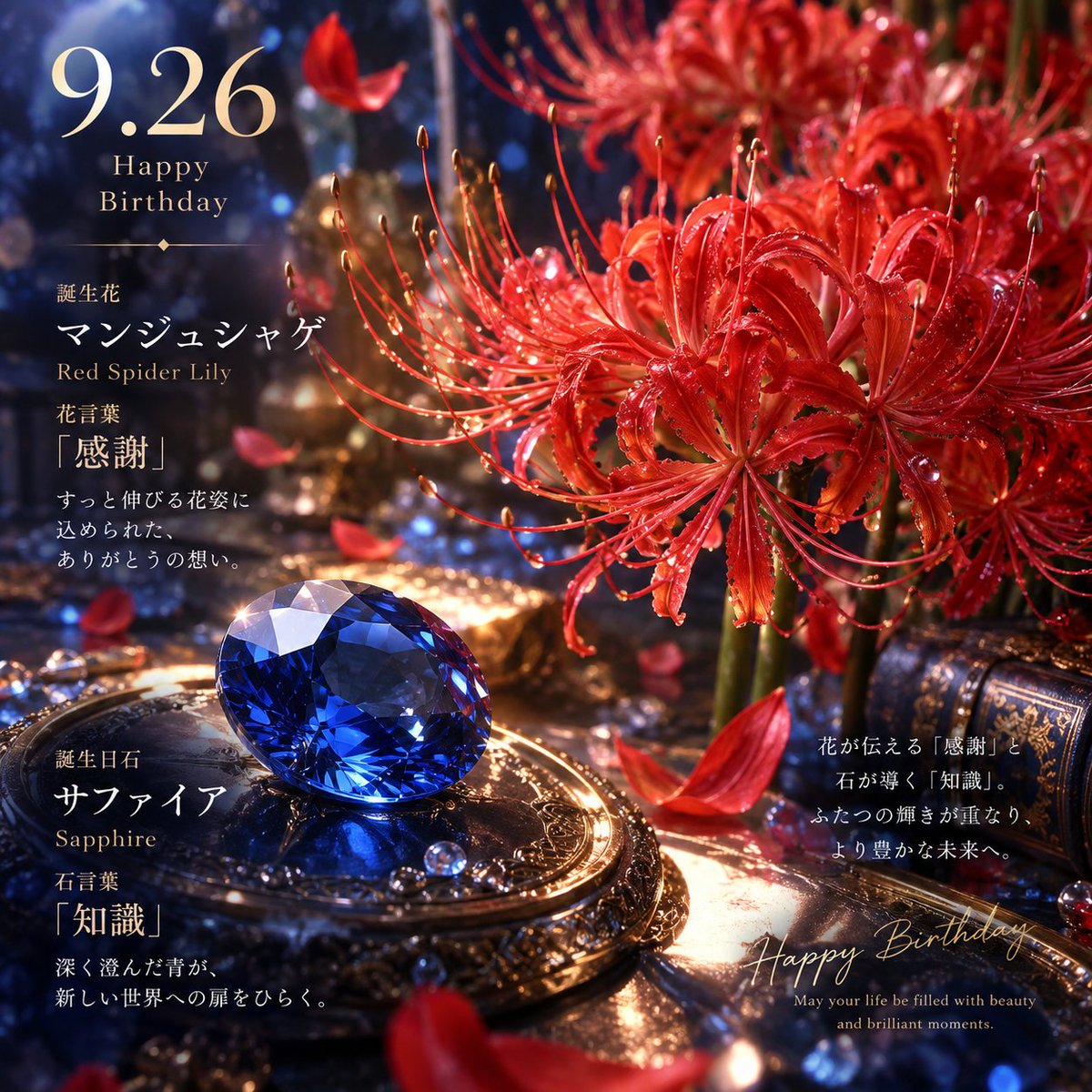 s_e_n_chan's tweet photo. 9月26日に咲く誕生花は、鮮やかなマンジュシャゲ🌺

すっと伸びる花姿と繊細に広がる花びらに宿る花言葉は「感謝」。

胸の奥にある「ありがとう」が、ふわり、静かに花開いていくようです。

そして誕生日石は、深く澄んだ青をたたえるサファイア💎

石言葉は「知識」。

きらりと差し込む光が青い結晶の奥へ溶け込み、マンジュシャゲの鮮烈な赤と響き合います。

赤と青、花と石。

異なる美しさが寄り添うたび、感謝と知識がひとつの光景へと結ばれていく✨

今日という特別な日に、心からの祝福を。

#9月26日 #誕生花誕生日石

Created with GPTs by @mido_lucci