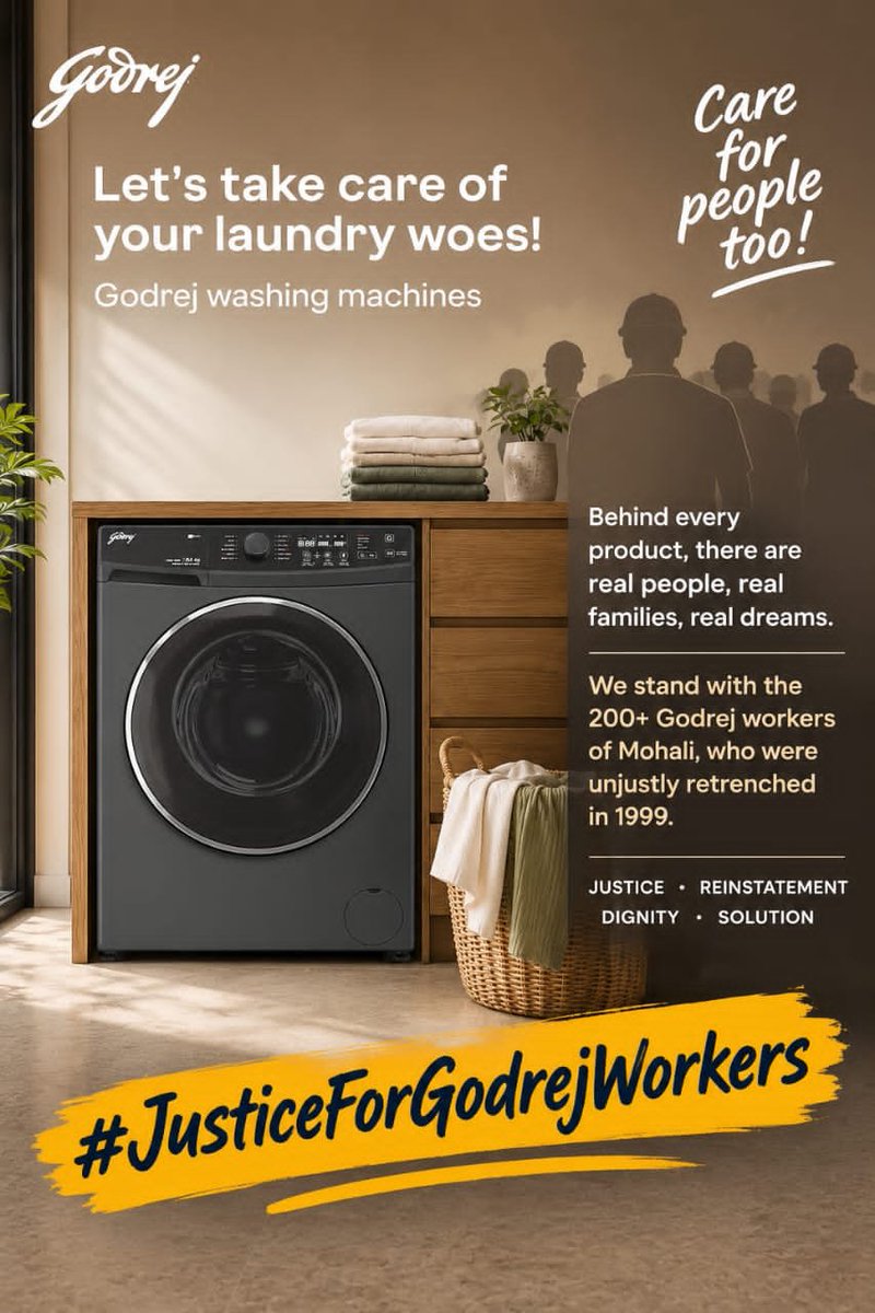 ParasharVi47881's tweet photo. @GodrejAppliance You give your laundry chair a day off.
But what about the workers who gave their lives to your workplace?
Let them have justice too. 🙏
#JusticeForGodrejWorkers 
#Godrej 
#WashingMachine 
@LabourMinistry @MLJ_GoI @PMOIndia @mansukhmandviya @GodrejInterio4U https://t.co/qrqDozqvAy