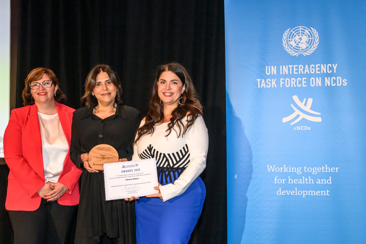 ObesityMatters's tweet photo. One year ago today, Obesity Matters received a 2025 UN Interagency Task Force on NCDs Award for our contributions toward the prevention, care and treatment of obesity. 

Grateful to our colleagues at @UN and @WHO for recognizing this work. https://t.co/L6eAGXAHoG