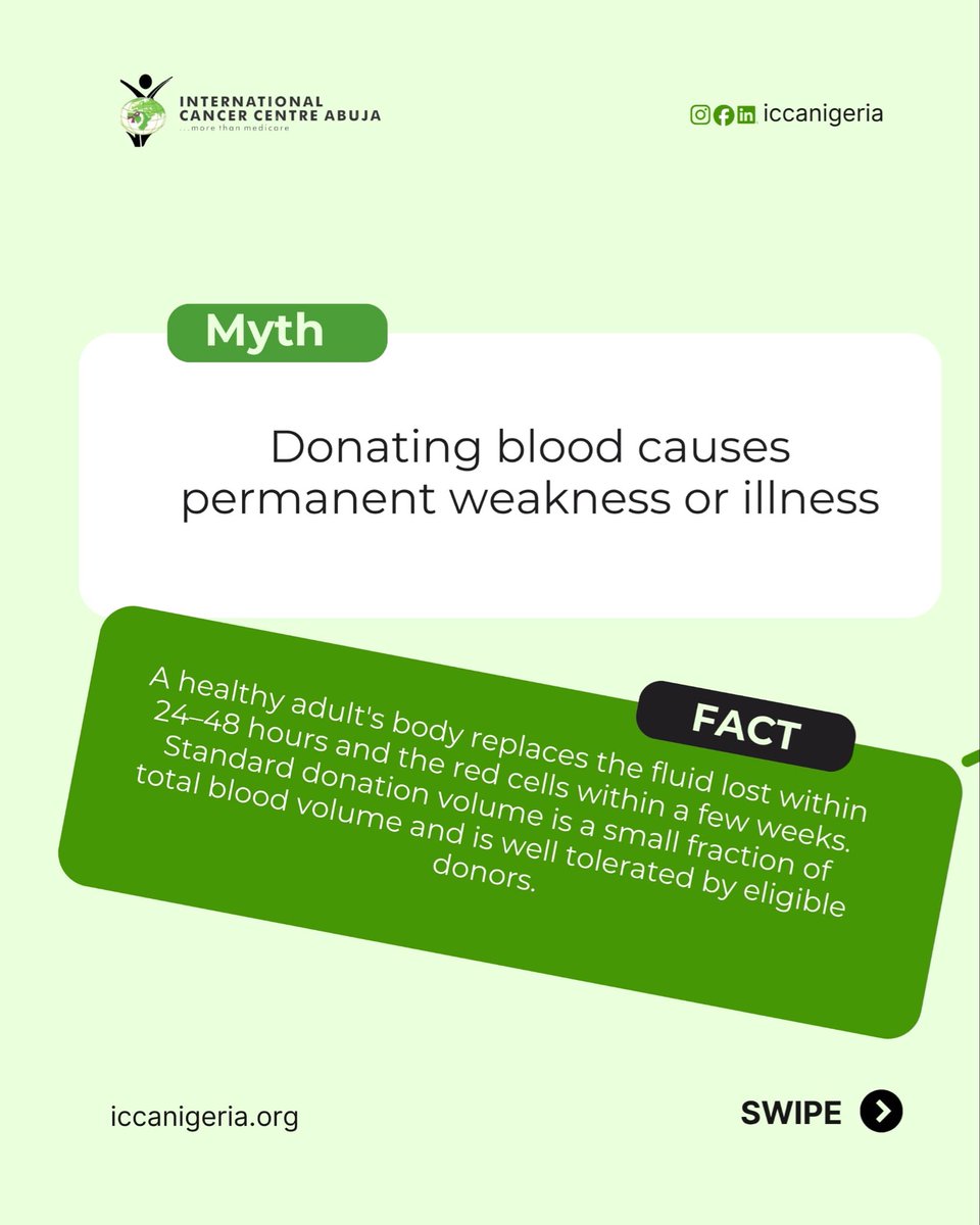 _iccanigeria's tweet photo. Blood donation can save lives, but there are still many things people believe about donating blood that simply aren’t true.

Swipe through as we clear up some common myths and misconceptions about blood donation in Nigeria. 
#ICCA #ICCANigeria #BloodDonation #BloodDonationNigeria https://t.co/LFF17bpKbI