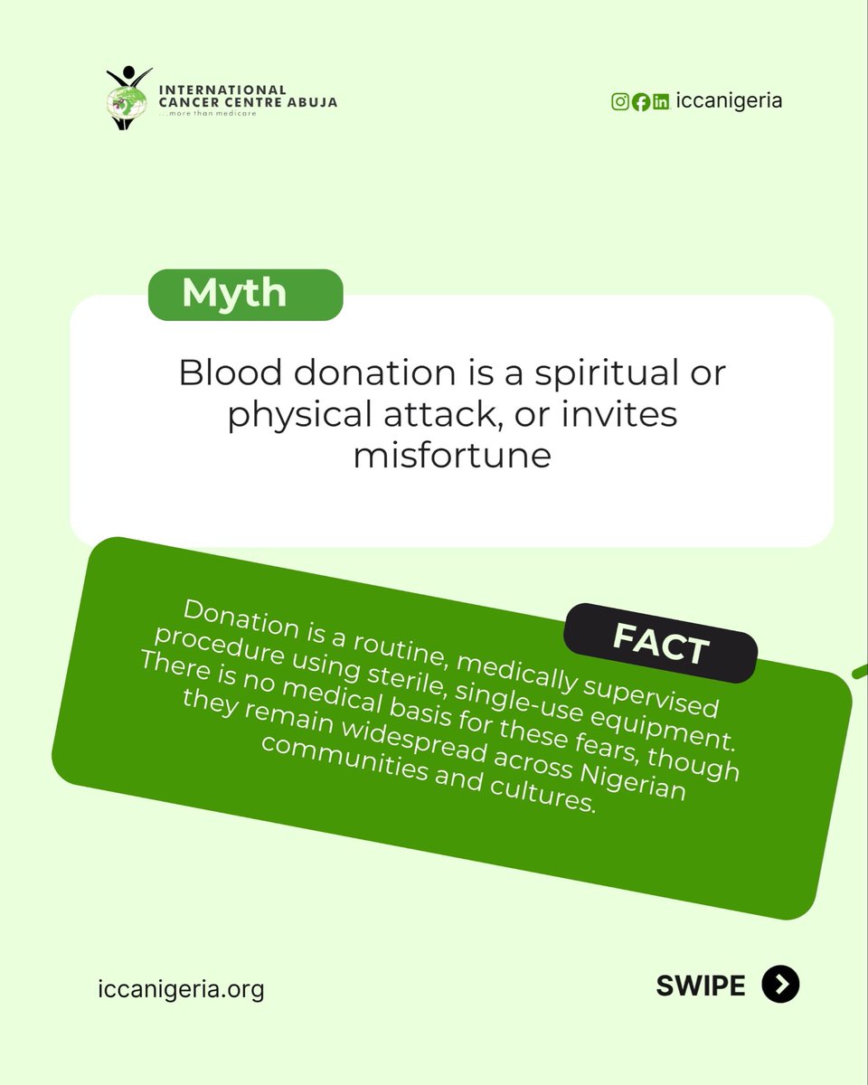_iccanigeria's tweet photo. Blood donation can save lives, but there are still many things people believe about donating blood that simply aren’t true.

Swipe through as we clear up some common myths and misconceptions about blood donation in Nigeria. 
#ICCA #ICCANigeria #BloodDonation #BloodDonationNigeria https://t.co/LFF17bpKbI