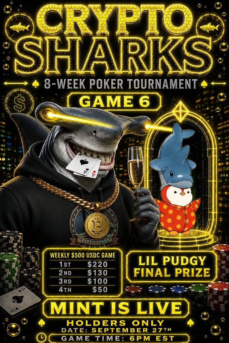CryptoSharksID's tweet photo. Things are seriously HEATING UP! 🔥🦈

Season 2, Game 6 of our 8-week poker series goes down THIS SUNDAY! ♠️♥️ We’re down to the wire, the pressure is on, and the leaderboard is getting tight! 📈👀

🃏 Hold’em Only — straight skill, big plays, and pure vibes! 💥

Here’s what’s on the line:
💰 Top 4 PAID in $USDC rewards 💸
🎯 EVERY seat at the Final Table locks in guaranteed points toward the Grand Finale Master Prize… a Lil Pudgy giveaway! 🐧🏆✨
Every single chip counts. Every hand matters. If you haven’t secured your pass yet, don't sleep—there’s still time to mint right now and punch your ticket for Sunday’s showdown! 🎟️⚡
Stack your chips, play your cards, and come grab those points. 🌊🔥

We Swim Alone, But Eat Together
👇🏽👇🏽👇🏽👇🏽👇🏽👇🏽👇🏽👇🏽👇🏽
https://t.co/dn0VDkO7z4